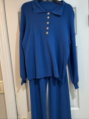 Womens Royal Blue Two-Piece Sweater Set with Button Collar
